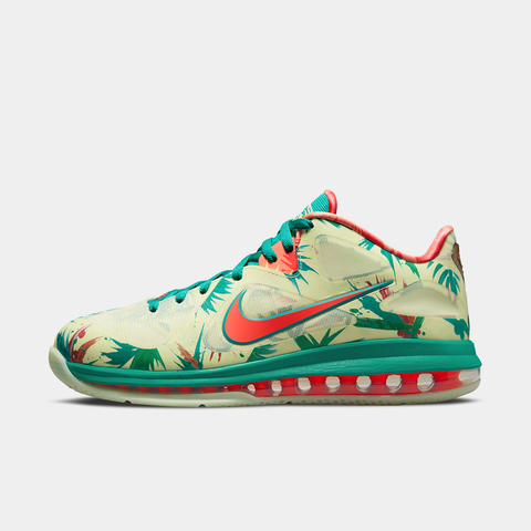 Side profile of the Nike LeBron 9 Low 'LeBronold Palmer' showcasing the vibrant lime and mango colorway.