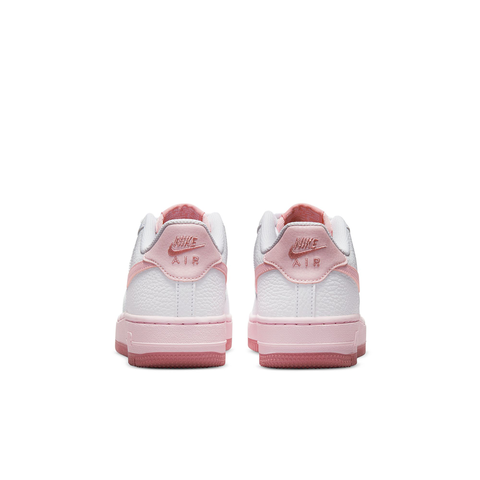 Rear perspective of the 'White/Pink Foam' Nike Air Force 1, focusing on the heel logo and design.
