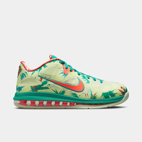 Side profile of the Nike LeBron 9 Low 'LeBronold Palmer' showcasing the vibrant lime and mango colorway.