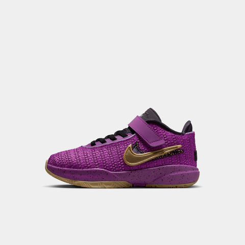 Side view of the LeBron XX Purple and Gold showcasing its woven upper and metallic gold accents.