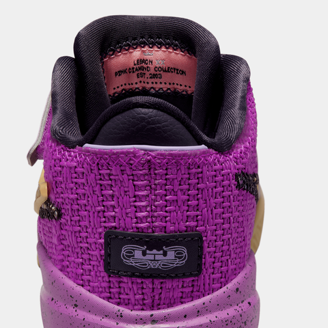 Close-up of the shoe's heel, highlighting the LeBron signature and 'Vivid Purple' shade.